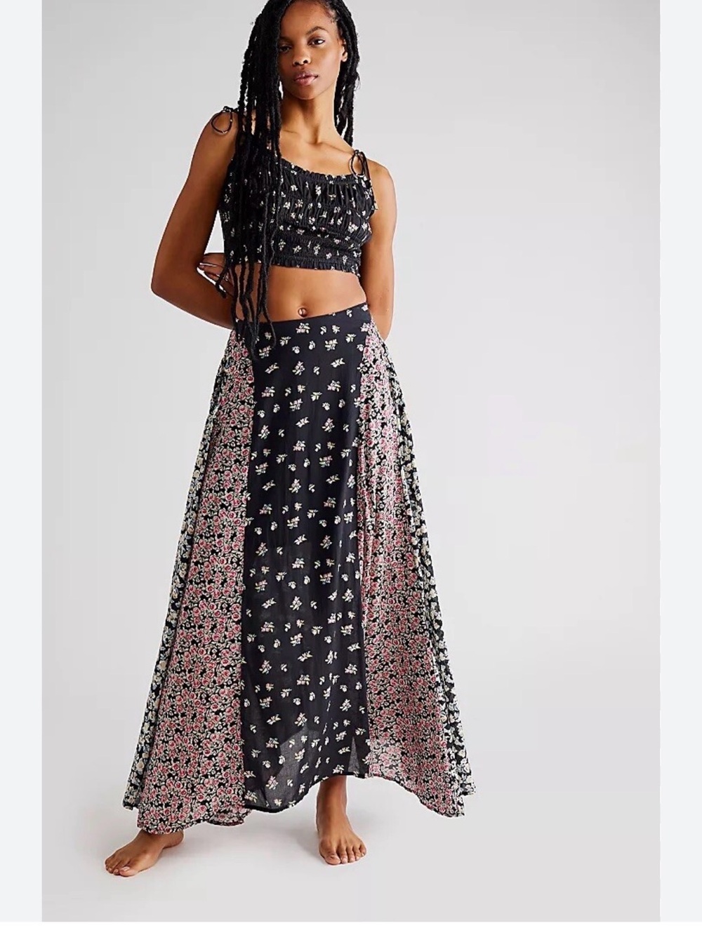 Free People Black Floral Panel Maxi Skirt with Pink Accents